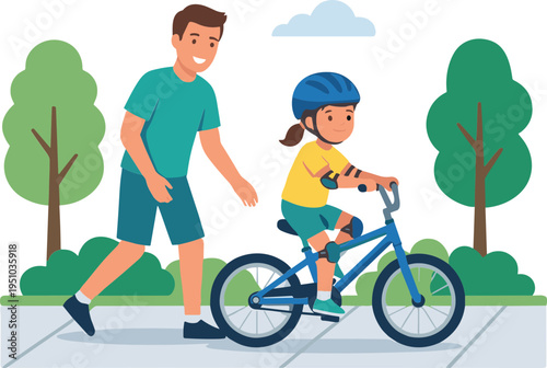 Father teaches young girl riding blue bicycle on sidewalk in park