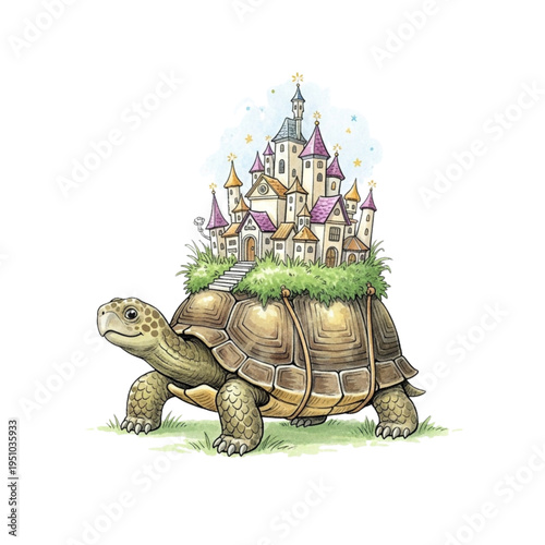 Enchanted Tortoise Carrying a Fairy Tale Castle on its Back, Whimsical Fantasy Art
