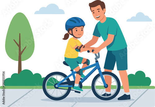 Father teaching young girl riding blue bicycle on sidewalk outdoors