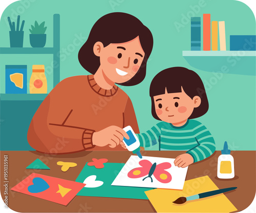 A woman and a child are crafting colorful butterflies together indoors.