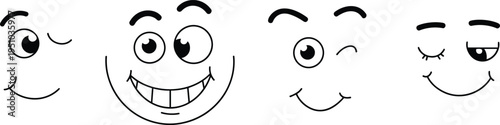 Four black and white cartoon faces showing different emotions with simple line happy