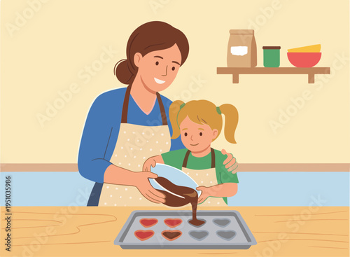 Woman and girl baking cupcakes in a kitchen with chocolate