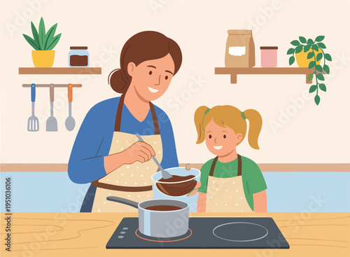 Woman and child baking cake together in kitchen at home