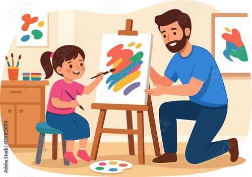 A man and a girl are painting on canvas in an art studio