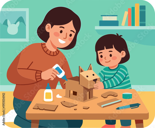Woman and child craft doghouse with cardboard on table indoors
