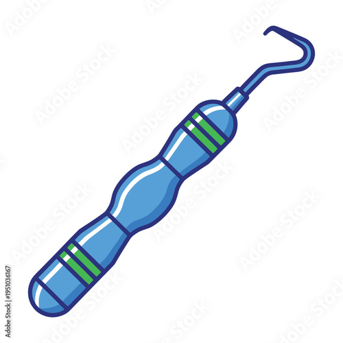 Dental explorer instrument with green markings on blue handle for oral examination and diagnosis