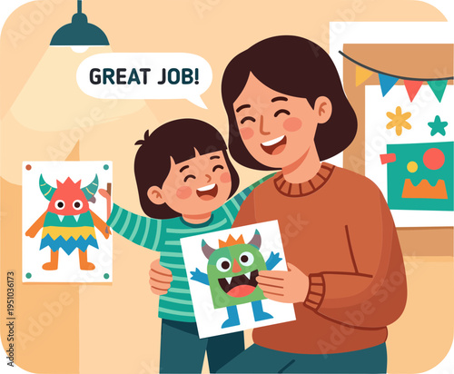 A woman and a boy are happily displaying their artwork in a room.