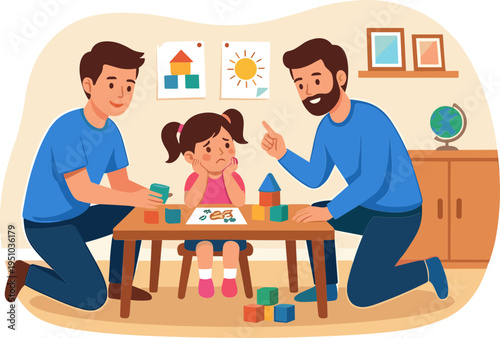 Two men and a little girl playing with colorful blocks on a table indoors