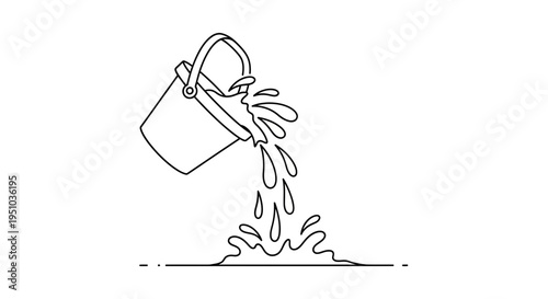 Line Art Illustration of Water Pouring from Bucket Creating Splash