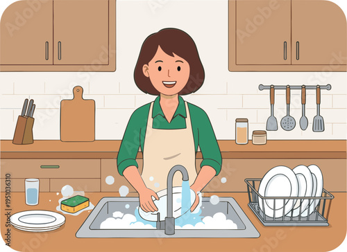 Woman washing dishes in a kitchen sink with soap and water.
