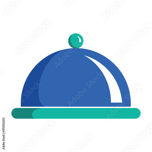 Blue cloche with green base and knob on white background for restaurant or food service concepts