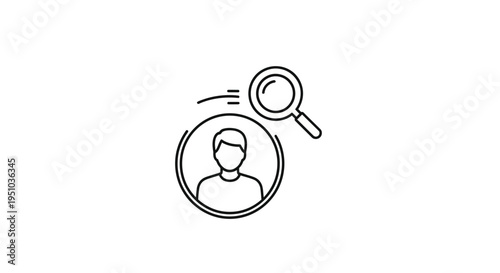 Magnifying glass over person icon, representing search for talent, recruitment, or user analysis