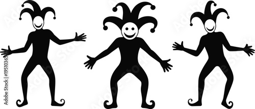 Jester silhouette set, funny joker characters with smiling faces for carnival and entertainment vector icon
