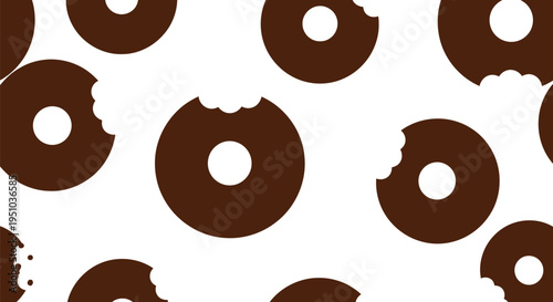 Seamless Chocolate Donut Vector Pattern with Bite Marks on White Background
