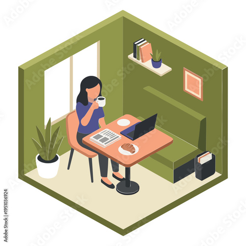 Woman sitting on chair at desk with laptop and coffee in office cubicle
