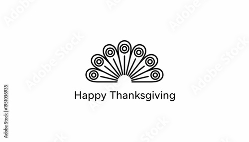Happy Thanksgiving text with abstract turkey feather fan graphic on white background