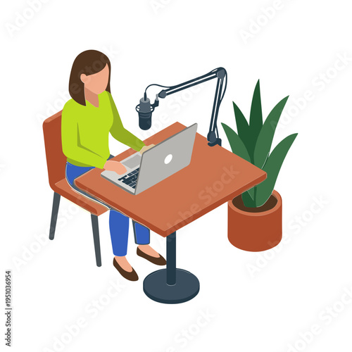 Woman sits at desk working on laptop with microphone and plant nearby indoors