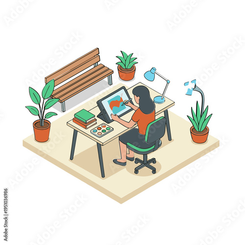 Woman sitting at desk working on computer surrounded by plants and office supplies in a cozy indoor setting with furniture.