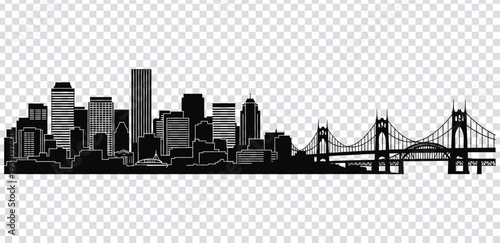 Vector illustration black silhouette of a city skyline with a bridge on a transparent background