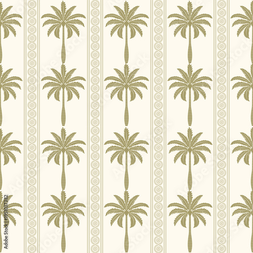 Seamless tropical palm tree pattern with vertical stripes in vintage style, ideal for summer.