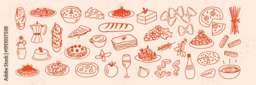 Hand Drawn Italian Food Collection Doodle Set