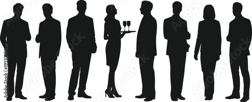Business people silhouette collection with waitress serving drinks, corporate professionals standing together, office teamwork and networking concept illustration isolated on white background