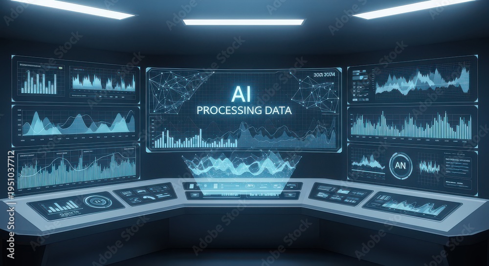Fototapeta premium A futuristic control room with large screens displaying