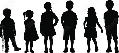 Children standing together silhouette set, boys and girls group illustration, childhood friendship and social interaction concept, kids collection isolated on white background