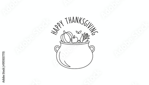 Happy Thanksgiving Hand Drawn Illustration of Harvest Pot with Pumpkin, Corn, Apple