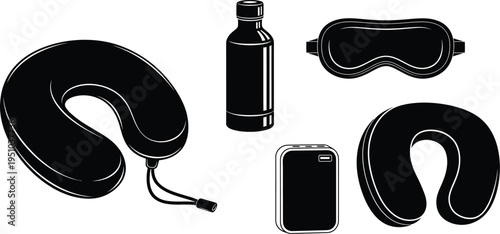 Travel amenity set featuring neck pillows, small bottle, sleep mask, and portable audio device displayed against white.