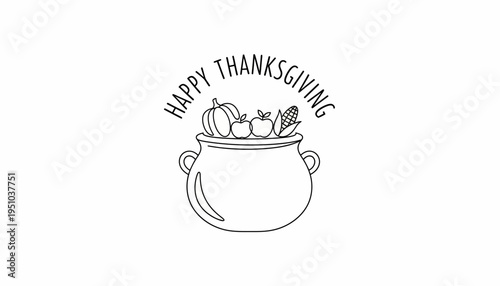 Happy Thanksgiving Harvest Pot Illustration - Outline Drawing