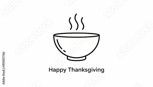 Happy Thanksgiving icon of steaming bowl of food, simple line art, white background