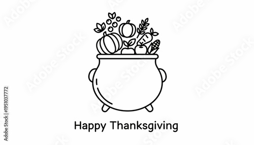 Happy Thanksgiving Line Art: Cornucopia of Autumn Harvest Vegetables and Fruits in a Pot
