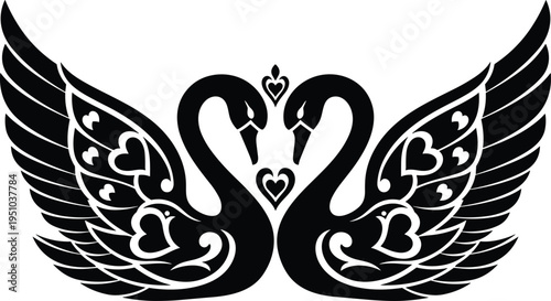 Elegant romantic swan couple, with heart shapes and decorative wings, love symbol wedding design, black silhouette ornamental vector illustration isolated