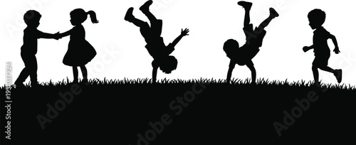 Kids playing on grass silhouette set, children running hand in hand and doing cartwheels, playful childhood outdoor activity concept isolated on white background