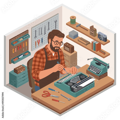 A man works on repairing a vintage typewriter in his cluttered workshop.