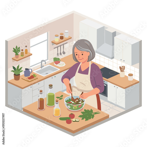 A woman prepares a healthy salad in a modern kitchen interior.