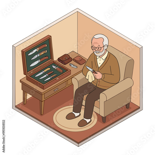 An elderly man sits in a chair, holding a pipe, next to a table with a display case of pipes in a cozy room.
