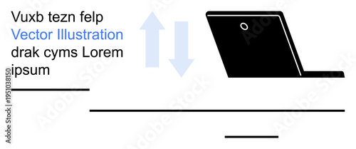 Data exchange, cloud sync, file sharing, online communication, workflow management, technology interface. A laptop and arrows data movement. Data exchange and cloud sync concept