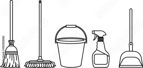 Cleaning tools collection features a broom, mop, bucket, spray bottle, and dustpan arranged horizontally against a.