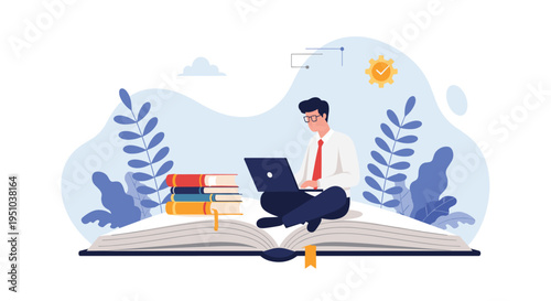 Student sitting cross legged on an open book working on a laptop surrounded by nature and educational growth symbols.