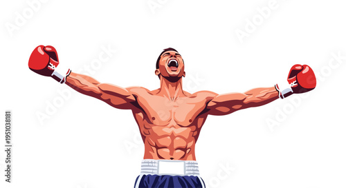 A muscular boxer in blue shorts and red gloves stands with arms outstretched in triumph against a plain white background.