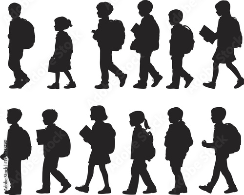 School children walking with backpacks silhouette collection, kids students going to school with books, childhood education concept illustration isolated on white background