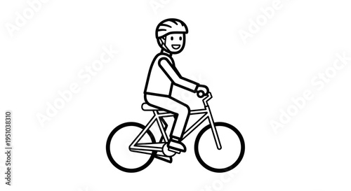 Happy Cyclist Riding a Bicycle with Helmet, Simple Line Art Style