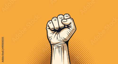 Powerful raised clenched fist in a retro comic book style on a dotted orange background representing strength and protest.