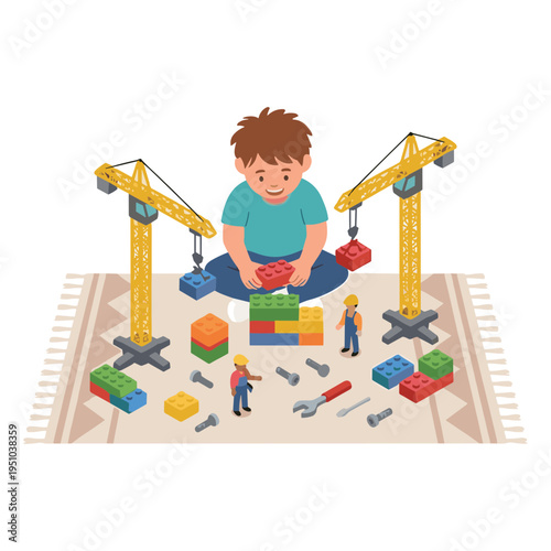 A child plays with toy construction equipment and blocks on the floor.