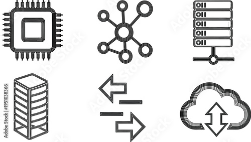 Collection of digital technology icons illustrates data processing, network connectivity, cloud storage, and central.