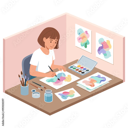 Woman creates artwork sitting at desk with painting supplies and laptop indoors