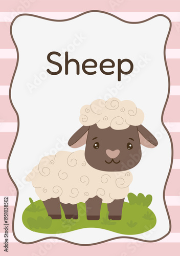 A cute vector illustration of a fluffy lamb on green grass. Educational flashcard for kids with animal name for preschool learning, nursery art and classroom decor.