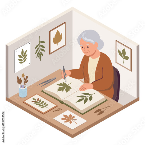 An elderly woman draws a leaf in her notebook at a desk in a room.